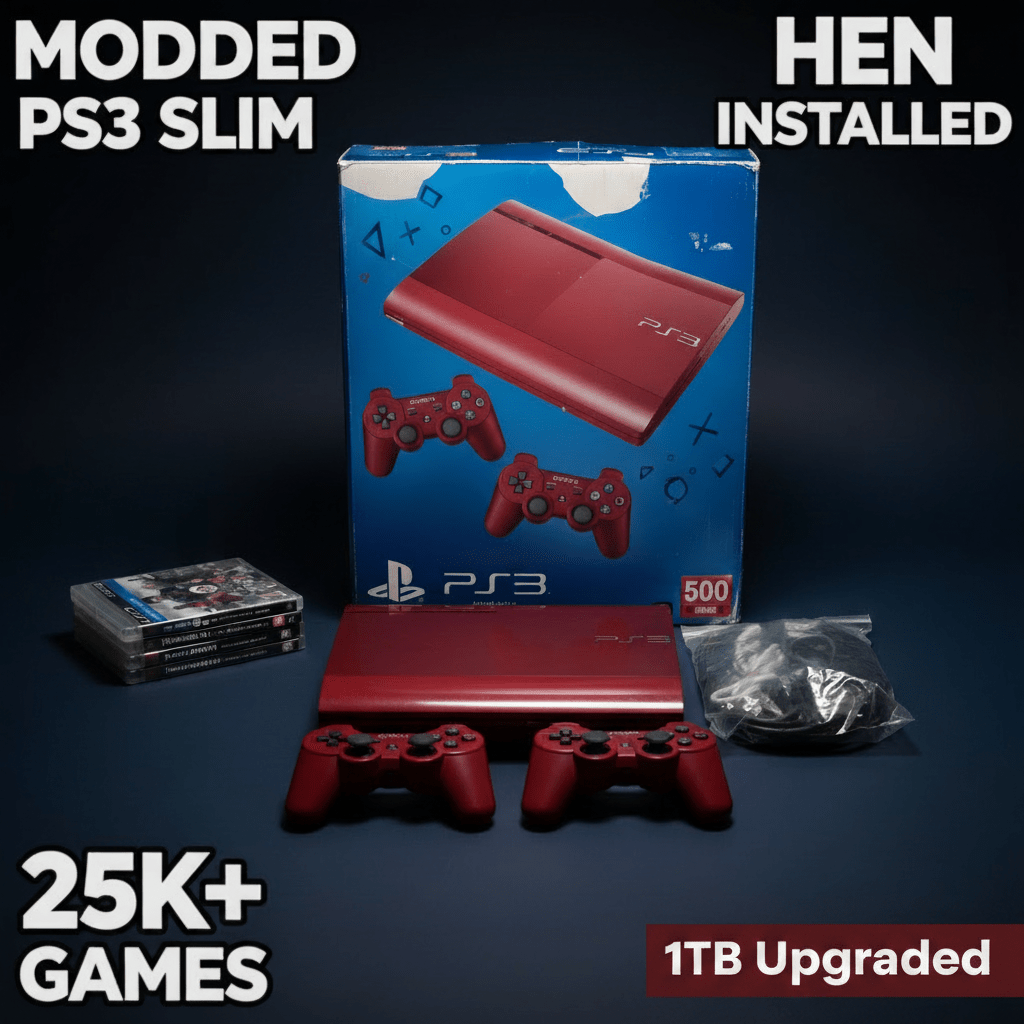 Crimson Red PS3 Super Slim (1TB) — Fully Modded • HEN + PKGi • 25,000+ Games • Boxed Complete - GameTech Hub